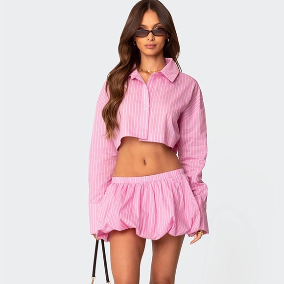 Edikted Pinstripe Cropped Button Up Shirt - Picture 3 of 8